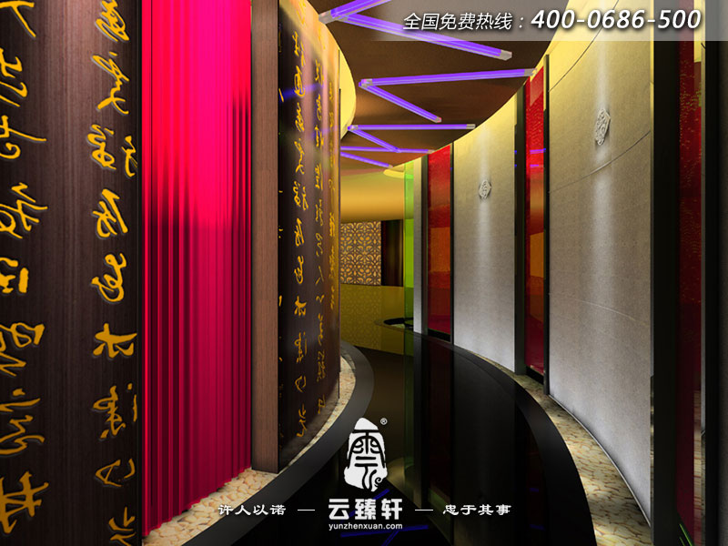 KTV二樓走道裝修設計的相對活躍，色彩鮮明